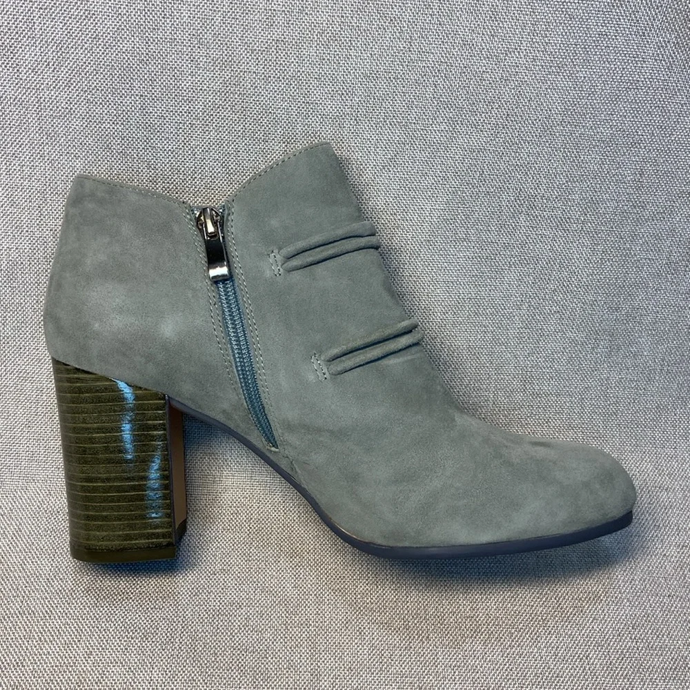 Gray Suede Pom-Pom Block Heel Booties - Women